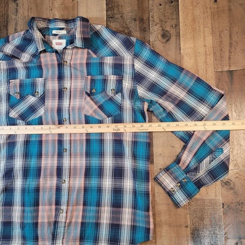LEVIS Mens‎ Standard Fit Plaid Long Sleeve Snap Button Western Shirt Blue Large